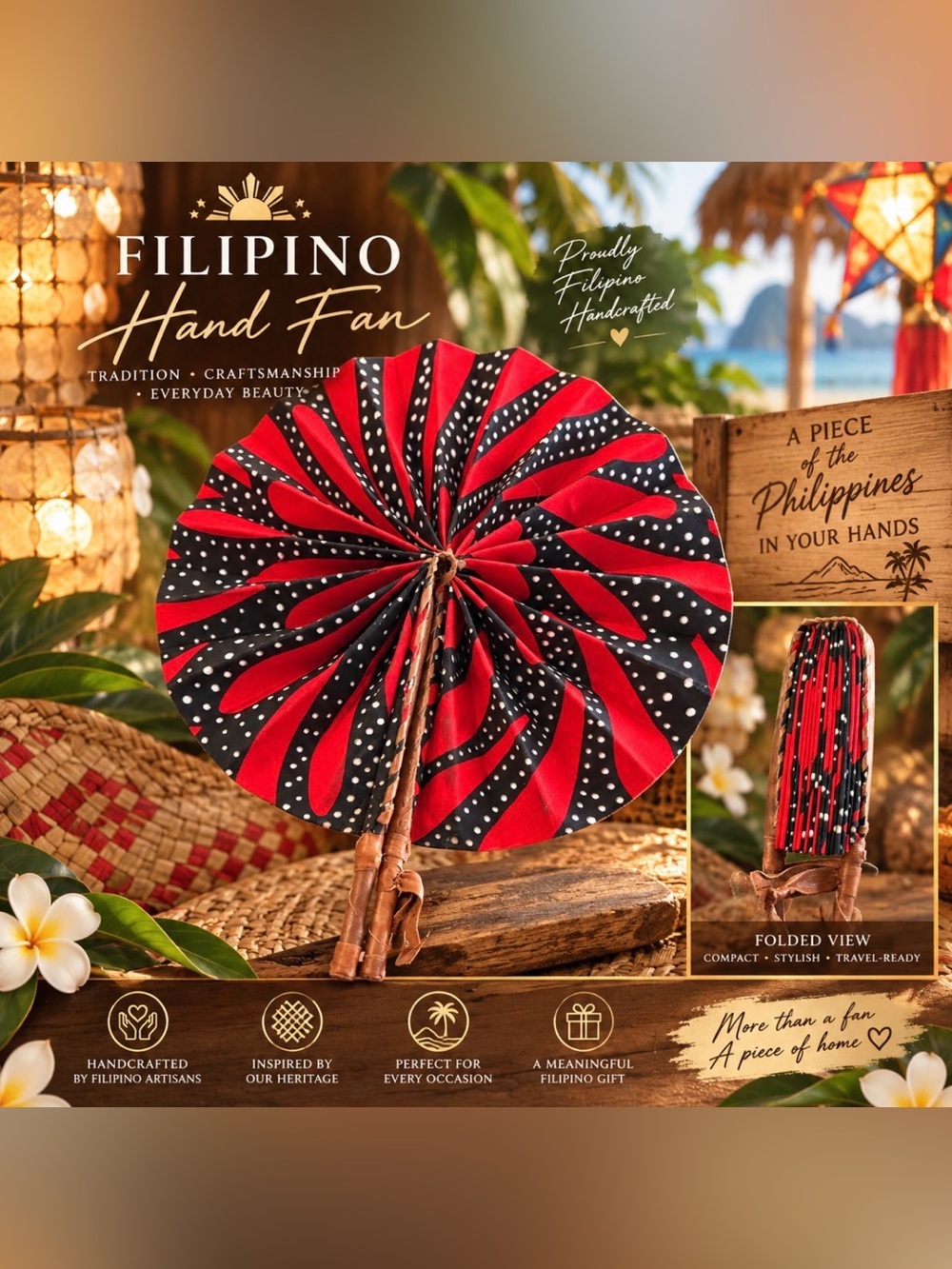 Red & Black Handcrafted Fan from Phillipines
